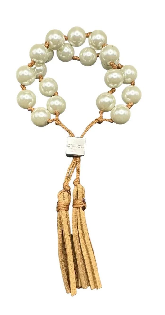 Chico's Faux Pearl Beaded Double Strand Adjustable Tassel Bracelet Women’s